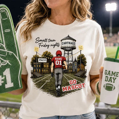 Personalized Classic Tee, Player Walking into a Green & Gold Friday Night Football Scene, Creative Gift for Mom