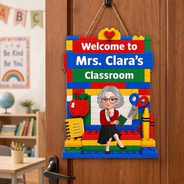 Personalized Wooden Sign with Sitting Teacher Character, Building Brick Classroom Decor, Unique Creative Gift