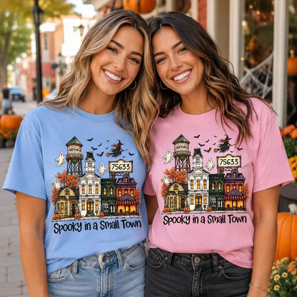 Personalized Classic Tee, Halloween Nostalgia with Flying Witch Over an Autumn Town, Creative Gift for Friends and Family