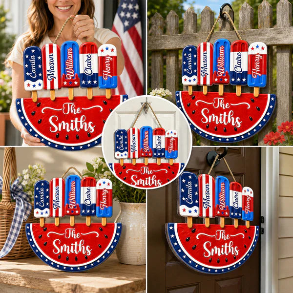 Personalized Patriotic Watermelon Wooden Sign with Popsicle Art, Creative Gift for Family Summer Decor