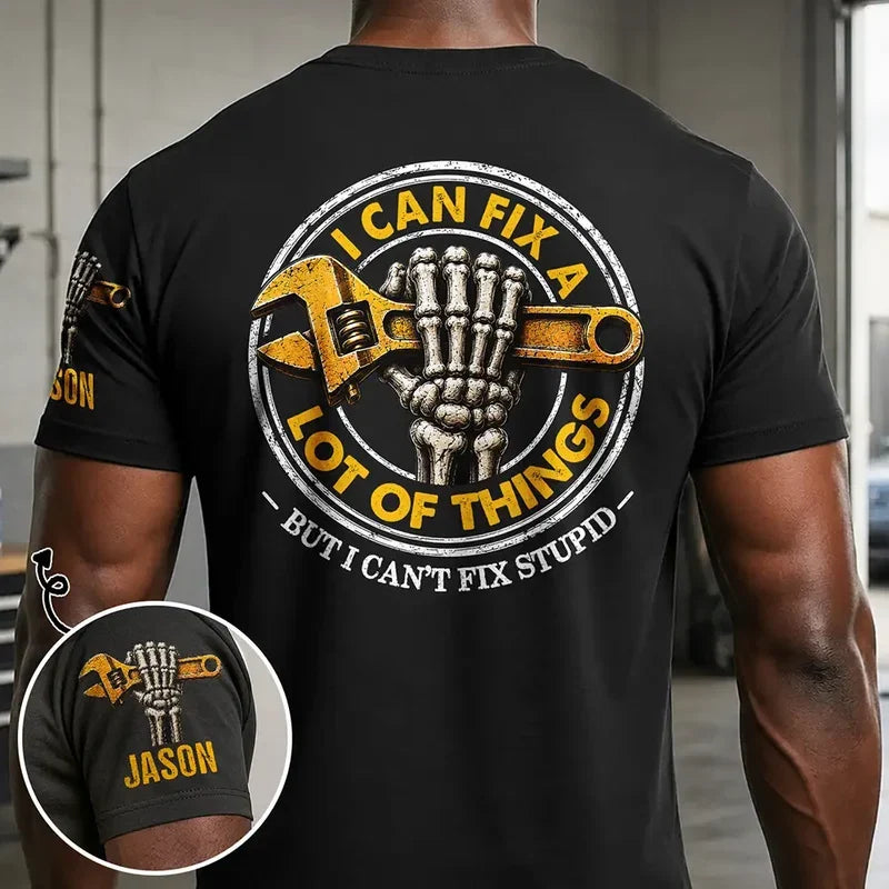 Personalized Dual Print Classic Tee, Distressed Skeleton Hand and Wrench Design, Unique Gift for Mechanics