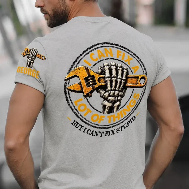 Personalized Dual Print Classic Tee, Distressed Skeleton Hand and Wrench Design, Unique Gift for Mechanics