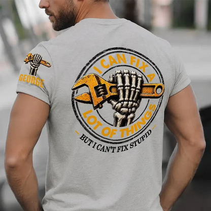 Personalized Dual Print Classic Tee, Distressed Skeleton Hand and Wrench Design, Unique Gift for Mechanics