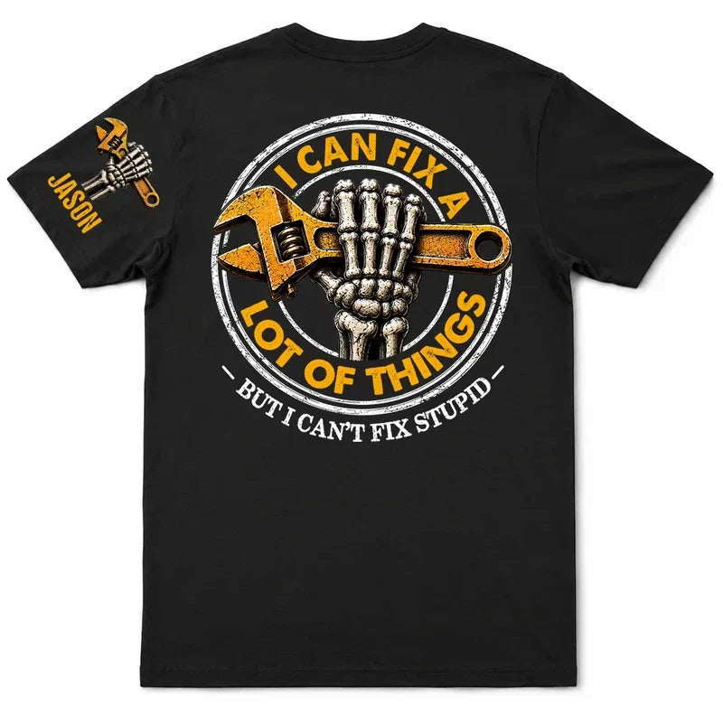 Personalized Dual Print Classic Tee, Distressed Skeleton Hand and Wrench Design, Unique Gift for Mechanics