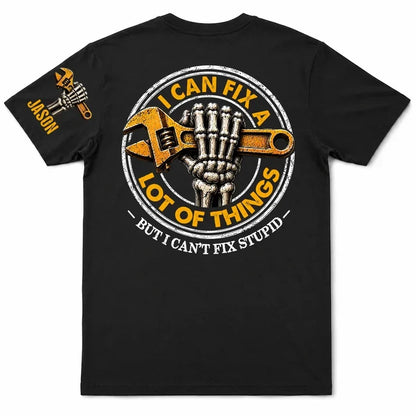 Personalized Dual Print Classic Tee, Distressed Skeleton Hand and Wrench Design, Unique Gift for Mechanics