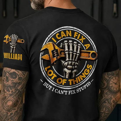 Personalized Dual Print Classic Tee, Distressed Skeleton Hand and Wrench Design, Unique Gift for Mechanics