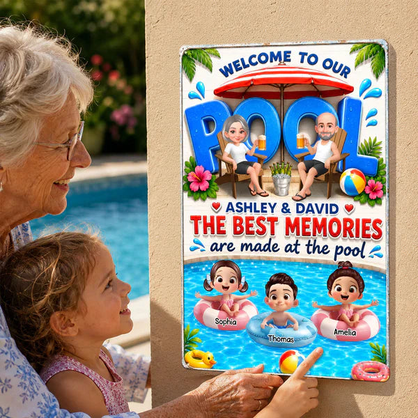 Personalized Rectangular Iron Sign, Cartoon Grandparents & Grandkids Pool Decor, Unique Gift
