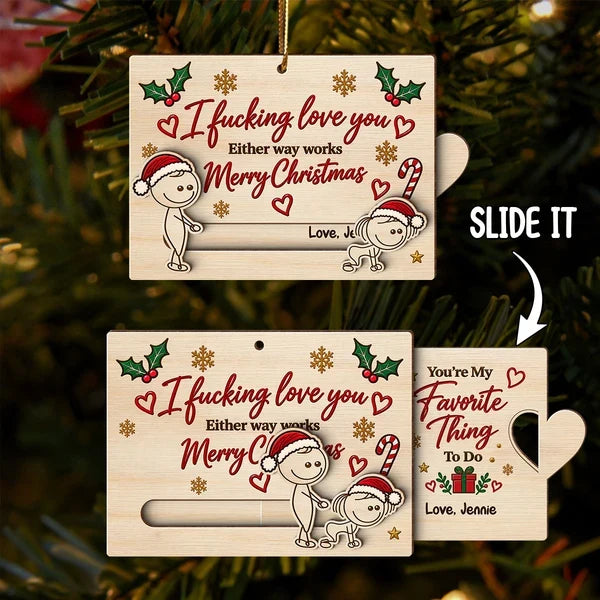 Personalized Wooden Sliding Ornament, Playfully Posing Cartoon Couple, Unique Christmas Gift for Partner