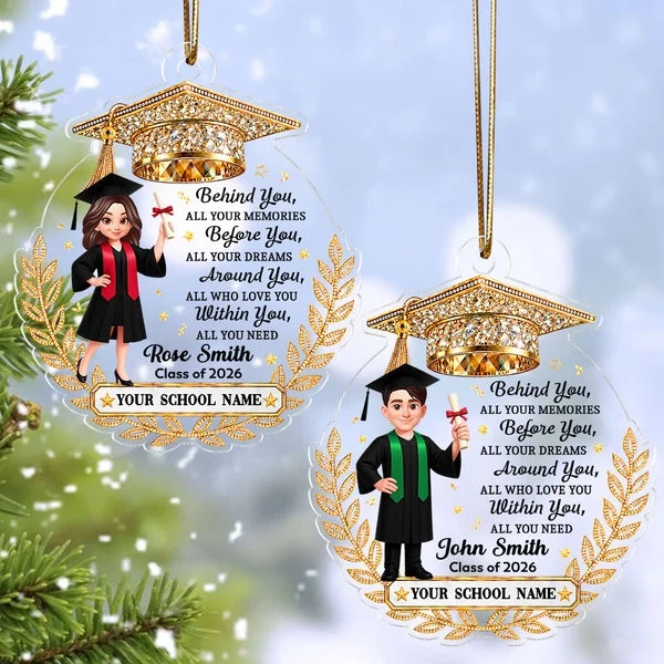 Personalized Acrylic Ornament, Graduate Holding Diploma, Gold Laurel, Unique Graduation Gift for Her, Him