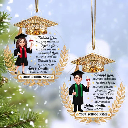 Personalized Acrylic Ornament, Graduate Holding Diploma, Gold Laurel, Unique Graduation Gift for Her, Him