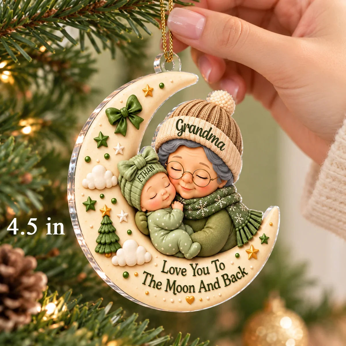 Personalized Acrylic Ornament, Grandma Cuddling Baby on Crescent Moon, Unique Christmas Gift for Grandma