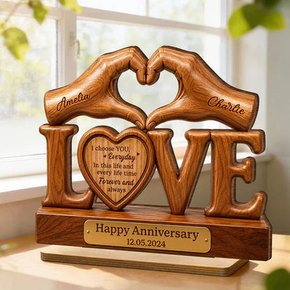 Personalized 2-Layer Wooden Plaque for Couple, Heart Hands Anniversary Unique Creative Gift