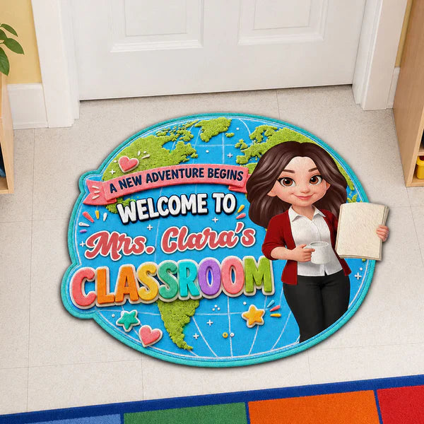Personalized Shaped Doormat, Globe Classroom Welcome Design, Unique Creative Gift for Teacher