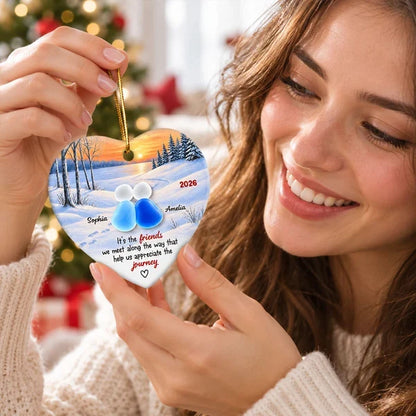 Personalized Heart Ornament, Friends Sitting Together at a Winter Sunset, Unique Christmas Gift for a Close Friend