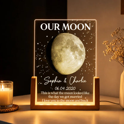 Personalized Moon Phase LED Light Frame, Unique Gift for Couple, Warm Starry Wedding Anniversary Keepsake