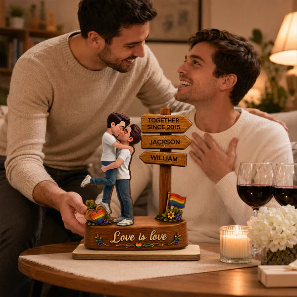 Personalized 2-Layer Wooden Plaque with Kissing LGBT Couple, Unique Gift for Partners & Pride Decor