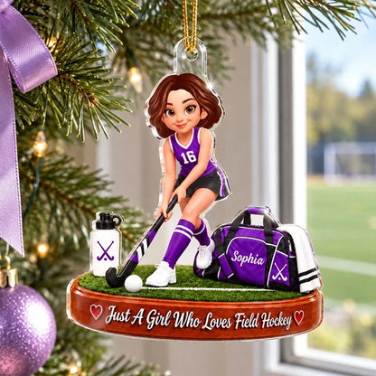 Personalized Acrylic Ornament, Girl Playing Field Hockey on the Pitch, Unique Christmas Gift for Daughter
