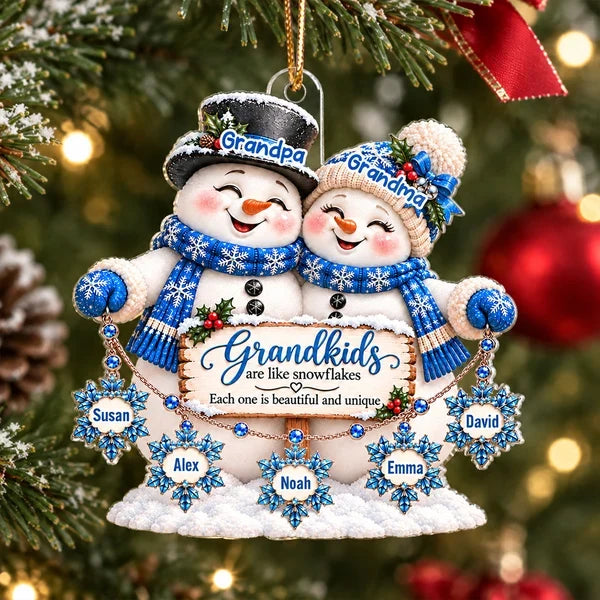 Personalized Acrylic Ornament, Grandma and Grandpa Snowmen with Grandkid Snowflakes, Unique Christmas Gift