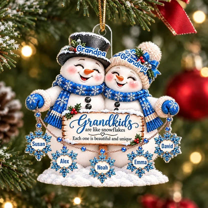 Personalized Acrylic Ornament, Grandma and Grandpa Snowmen with Grandkid Snowflakes, Unique Christmas Gift