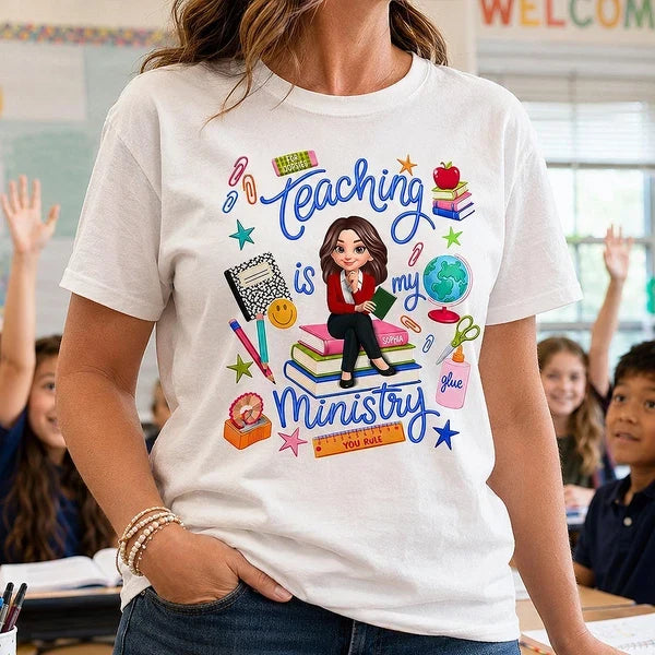 Personalized Teaching Is My Ministry Classic Tee, Creative Teacher Gift With Bright Classroom Art