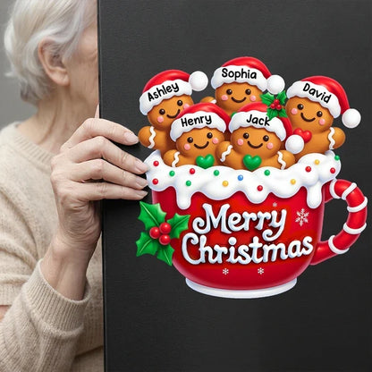 Warm Christmas Sticker Decal, Gingerbread Family Gathered in Red Mug, Personalized Creative Gift for Grandparents