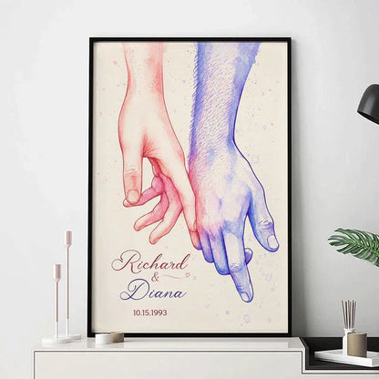 Personalized Couple Holding Hands Poster, Watercolor Wall Art, Unique Creative Gift for an Anniversary