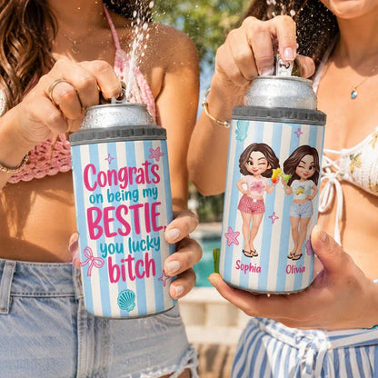 Personalized Can Cooler With Cartoon Besties, Stripe Beach Style, Unique Gift For Best Friend