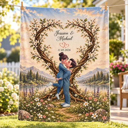 Fleece Blanket with Romantic Mountain Lake Scene and Kissing Couple, Personalized Creative Gift for Her or Him