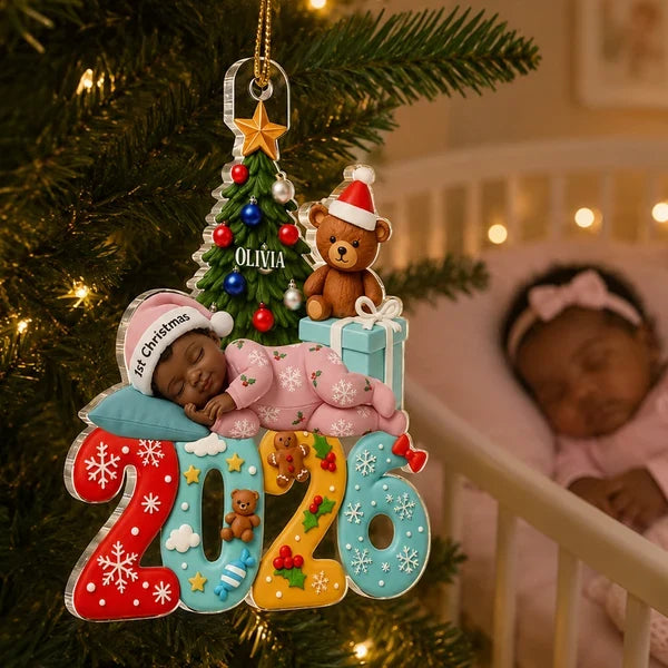 Personalized Acrylic Ornament with Sleeping Baby and Christmas Tree, Unique Christmas Gift for New Parents