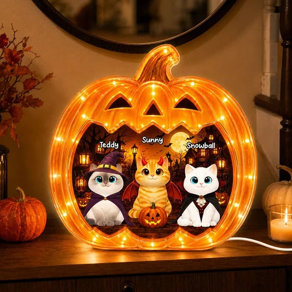 Personalized Acrylic Light Box, Spooky Pumpkin Cats with Warm Glow, Creative Gift for Cat Lovers