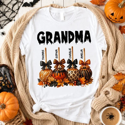 Personalized Grandma Classic Tee, Halloween Caramel Apple Design, Unique Gift for Grandma