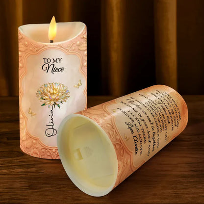 Personalized Flameless LED Candle for Granddaughter, Warm Glow Floral Butterfly Design, Unique Sentimental Gift
