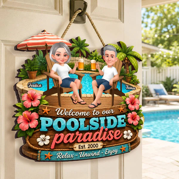Personalized Wooden Sign, Poolside Paradise Seated Couple Art, Unique Gift for Summer Patio & Porch