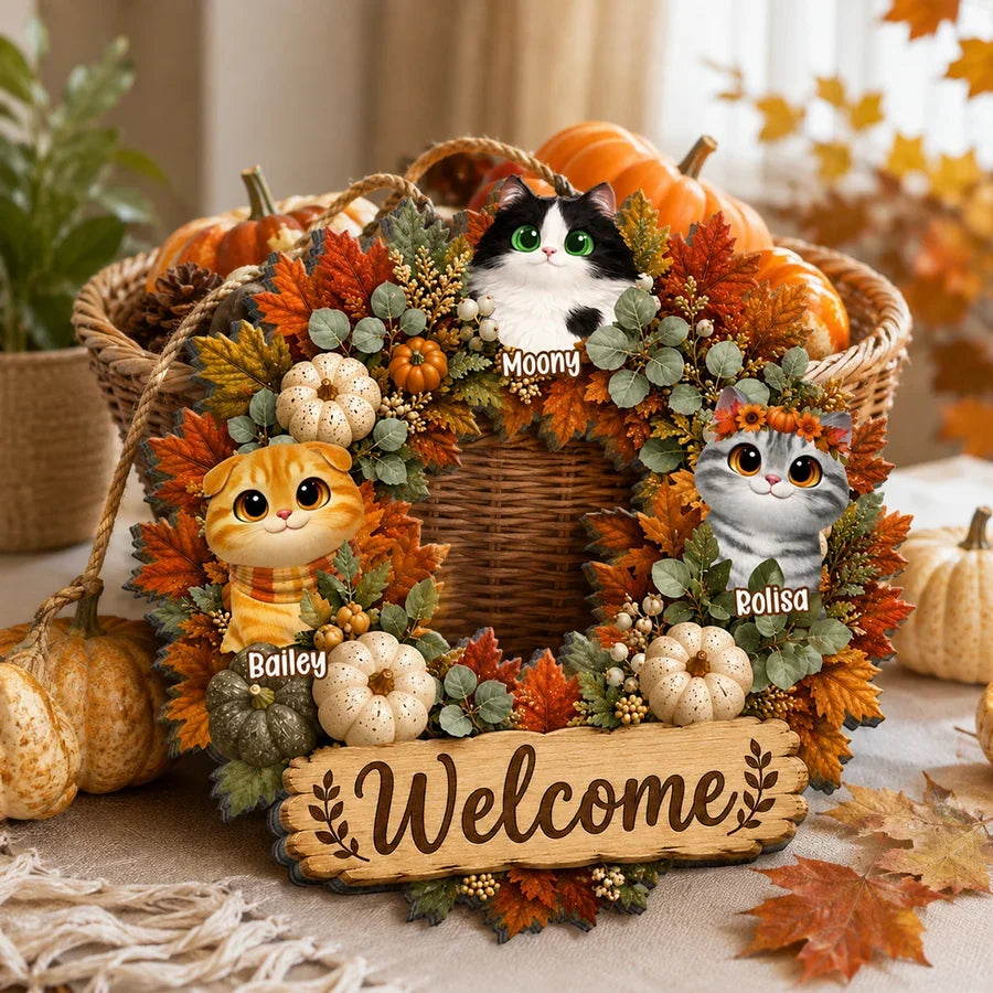 Welcome Home Personalized Wooden Sign, Cute Autumn Cat Wreath Decor, Creative Gift for Pet Owners