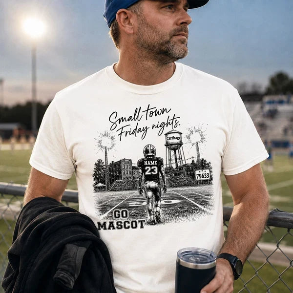Small Town Friday Nights Personalized Classic Tee, Player Walking Onto Stadium Field, Creative Gift for Football Fans