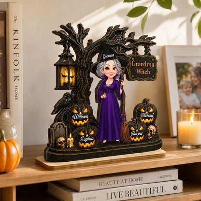 Personalized Wooden Plaque, Grandma Witch With Grandkids Jack-O'-Lanterns, Unique Halloween Gift for Grandma