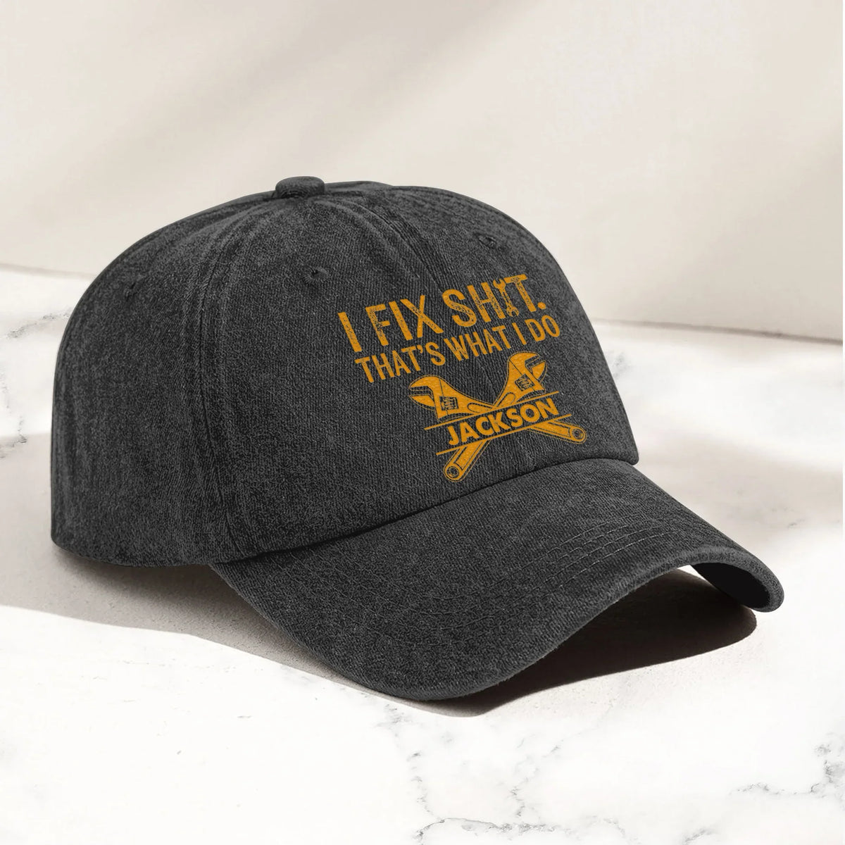 Washed Denim Baseball Cap, Funny Fix It Tool Graphic, Vintage Black Style, Unique Creative Gift for Fixers