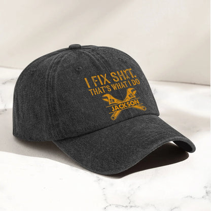 Washed Denim Baseball Cap, Funny Fix It Tool Graphic, Vintage Black Style, Unique Creative Gift for Fixers
