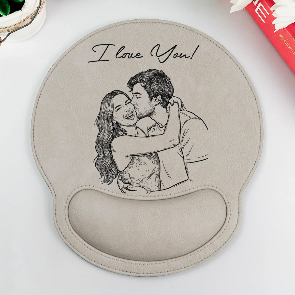Personalized Wrist Rest Mouse Pad With Kissing Couple Line Art, I Love You Unique Gift For Partner
