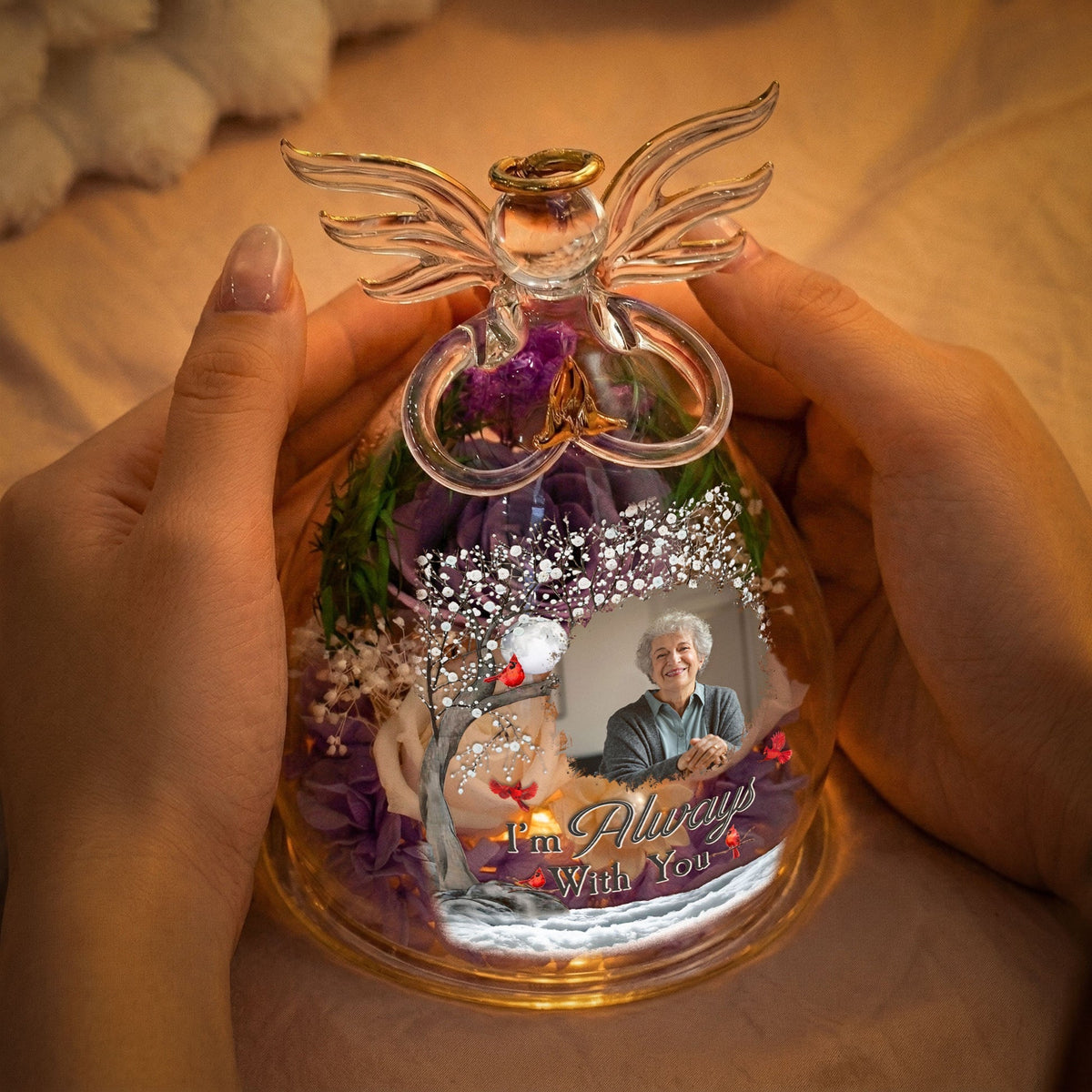 Personalized LED Floral Angel Figurine With Photo, 'I'm Always With You' Keepsake, Unique Memorial Gift