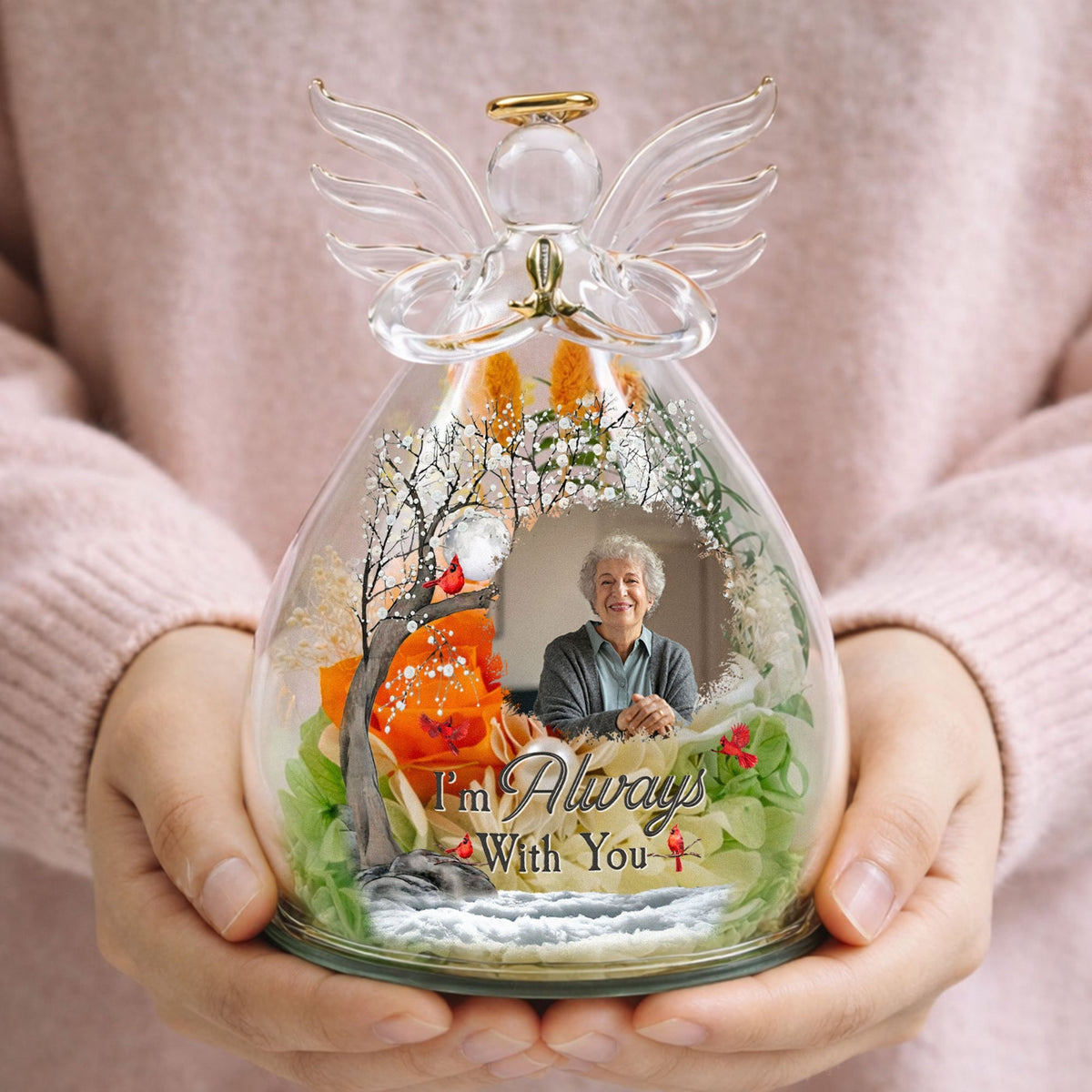Personalized LED Floral Angel Figurine With Photo, 'I'm Always With You' Keepsake, Unique Memorial Gift