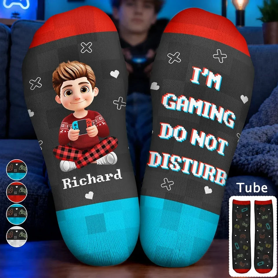 Personalized Crew Socks with Seated Gamer Cartoon, Pixel Quote, Unique Gift for Gamers