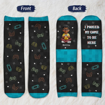 Personalized Crew Socks with Seated Gamer Cartoon, Pixel Quote, Unique Gift for Gamers