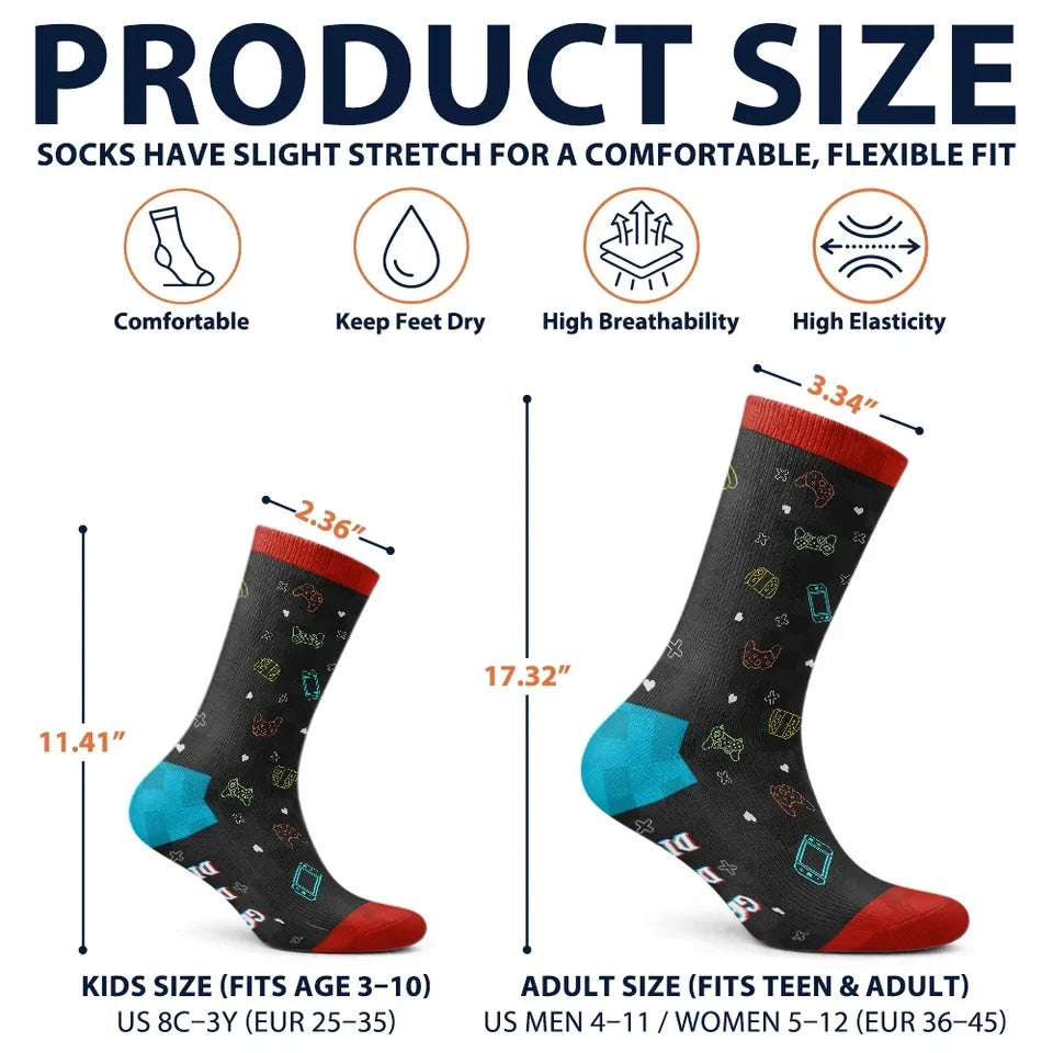 Personalized Crew Socks with Seated Gamer Cartoon, Pixel Quote, Unique Gift for Gamers