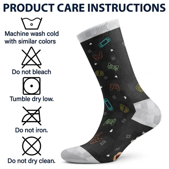 Personalized Crew Socks with Seated Gamer Cartoon, Pixel Quote, Unique Gift for Gamers