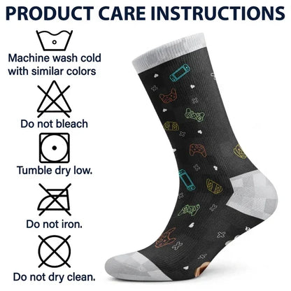 Personalized Crew Socks with Seated Gamer Cartoon, Pixel Quote, Unique Gift for Gamers