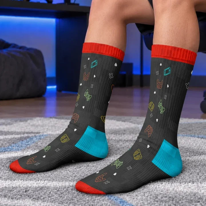 Personalized Crew Socks with Seated Gamer Cartoon, Pixel Quote, Unique Gift for Gamers