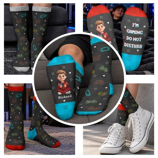 Personalized Crew Socks with Seated Gamer Cartoon, Pixel Quote, Unique Gift for Gamers
