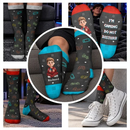 Personalized Crew Socks with Seated Gamer Cartoon, Pixel Quote, Unique Gift for Gamers