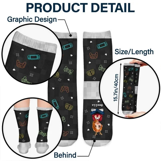 Personalized Crew Socks with Seated Gamer Cartoon, Pixel Quote, Unique Gift for Gamers